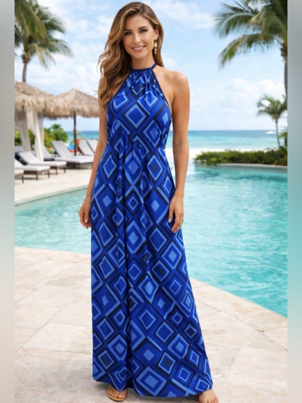 Ann Taylor Dress Womens 4 Blue Chiffon Kaleidoscope Maxi Boho Retro Vacation